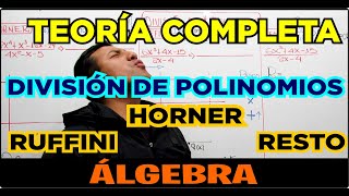 DIVISIÓN DE POLINOMIOS  HORNER  RUFFINI  RESTO  ÁLGEBRA TEORÍA COMPLETA [upl. by Honig]