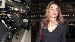 Queen Rania Of Jordan Hops Into A Matte Black Tesla Upon Arrival In Los Angeles [upl. by As61]