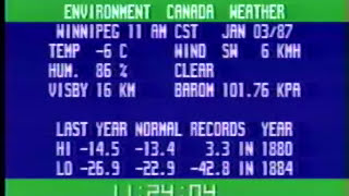 Winnipeg  Environment Canada Weather channel January 3 1987 [upl. by Ahsinom]