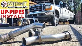 2001 F350 73  RiffRaff UpPipes Install  Stock up pipes leaking and falling apart JUNK SP [upl. by Xeno9]